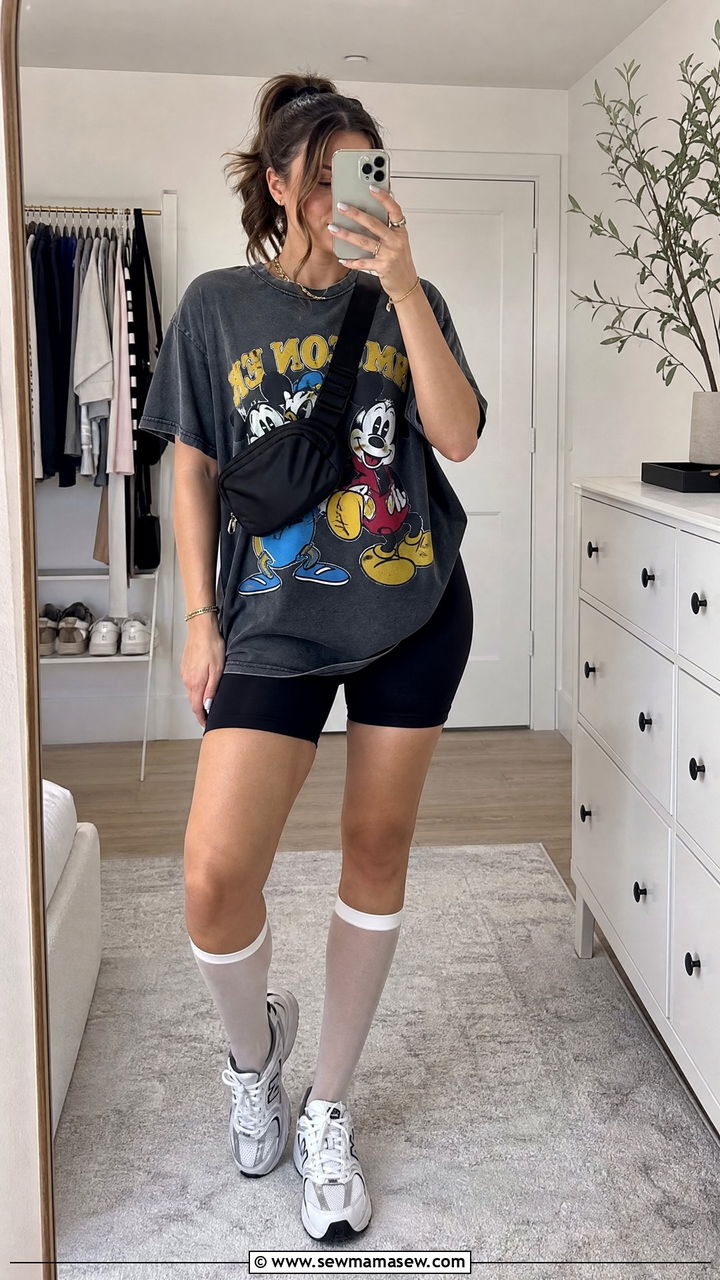 Oversized Disney Tee and Biker Shorts Outfit - 40 Disneyland outfit ideas