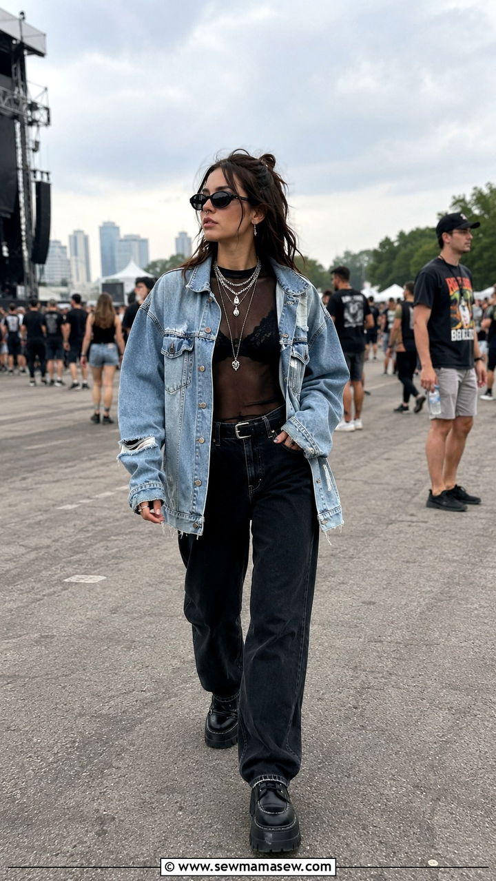 Oversized Distressed Denim Jacket with Sheer Mesh Top - 30 Outdoor concert outfit ideas