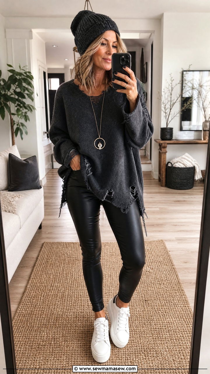 Oversized Distressed Sweater with Faux Leather Leggings and Platform Sneakers - 25 grunge outfit ideas for women over 40