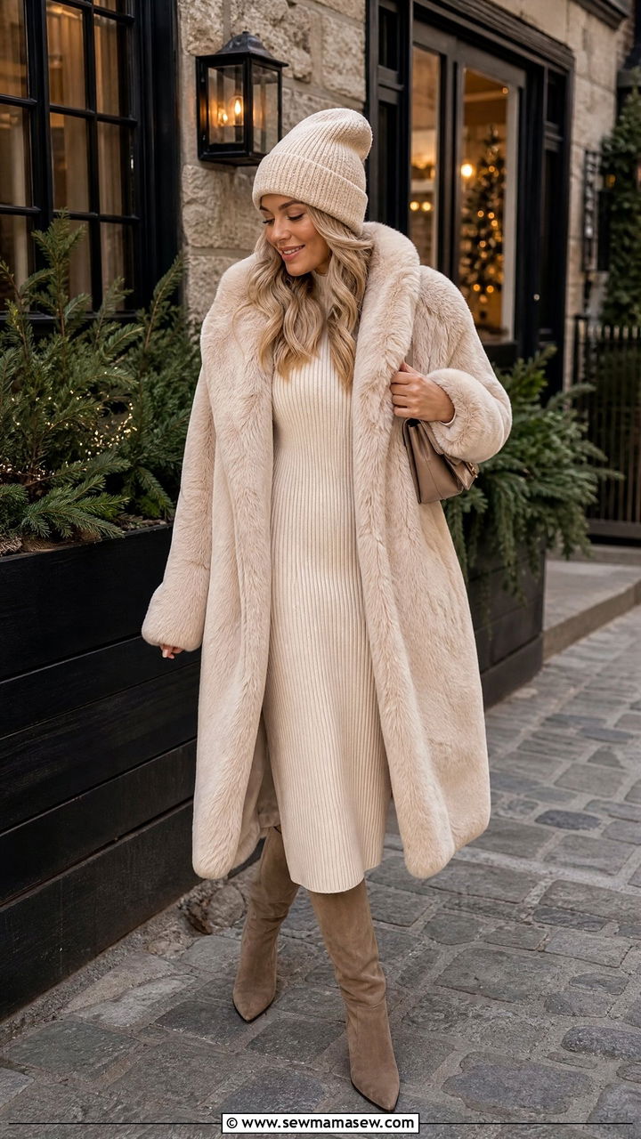 Oversized Faux Fur Coat With a Ribbed Knit Midi Dress - 30 Faux fur coat outfit ideas