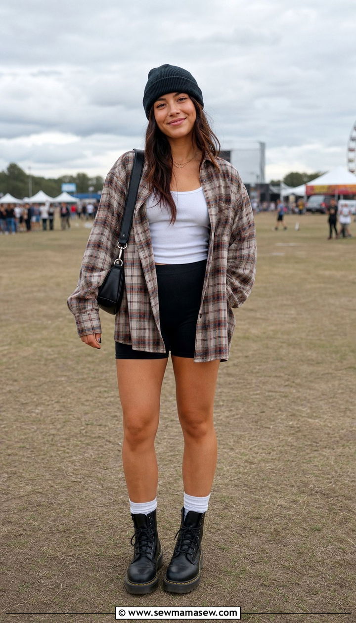 Oversized Flannel And Biker Shorts - 35 casual festival outfits