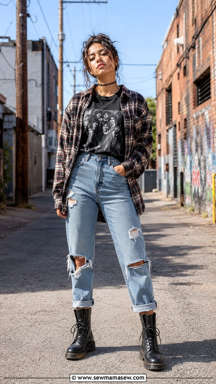Oversized Flannel And Ripped Mom Jeans Outfit - 25 90s outfits inspo
