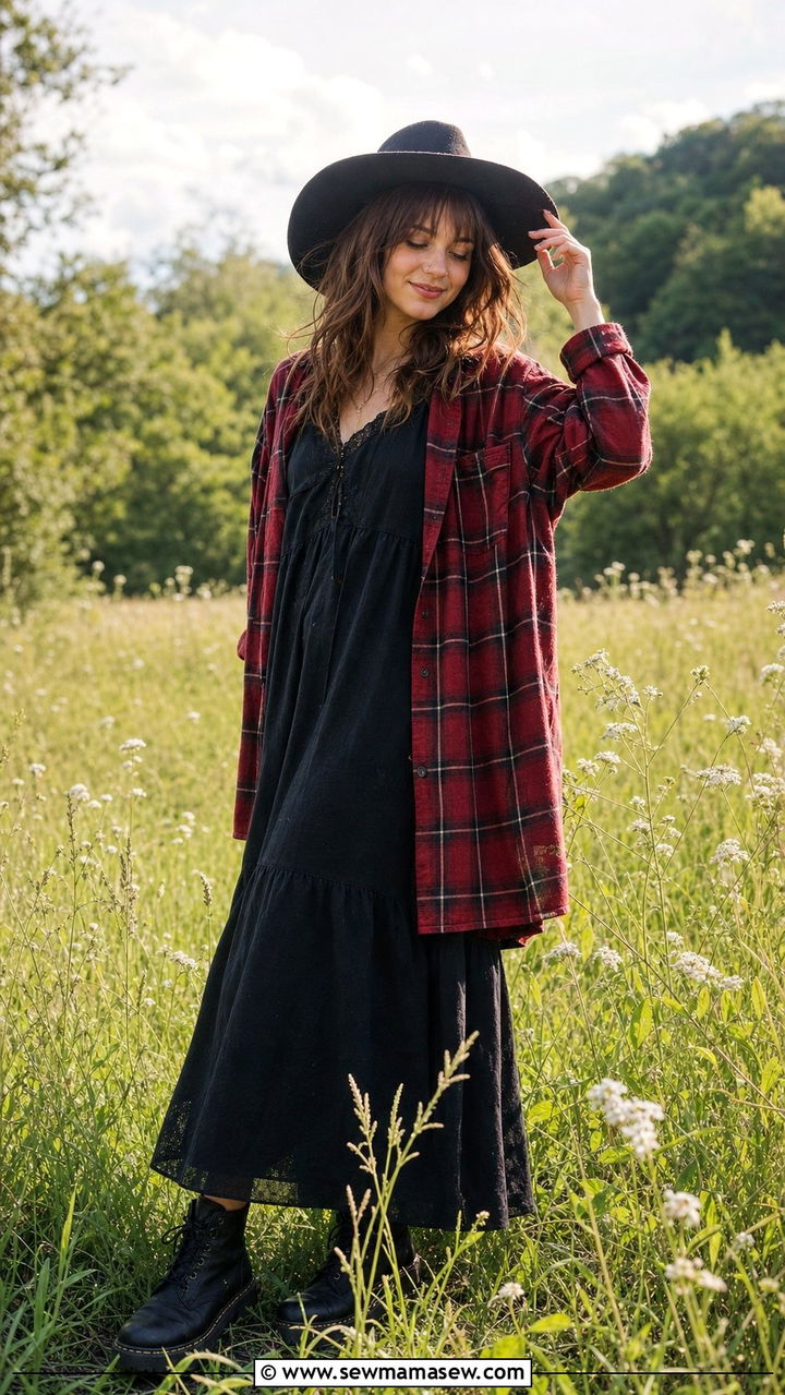 Oversized Flannel Over A Maxi Dress With Combat Boots - 25 cute grunge outfits
