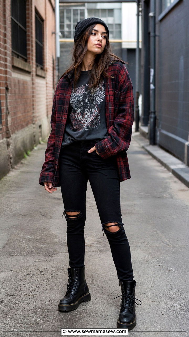 Oversized Flannel Over Band Tee And Ripped Jeans - 40 grunge outfits