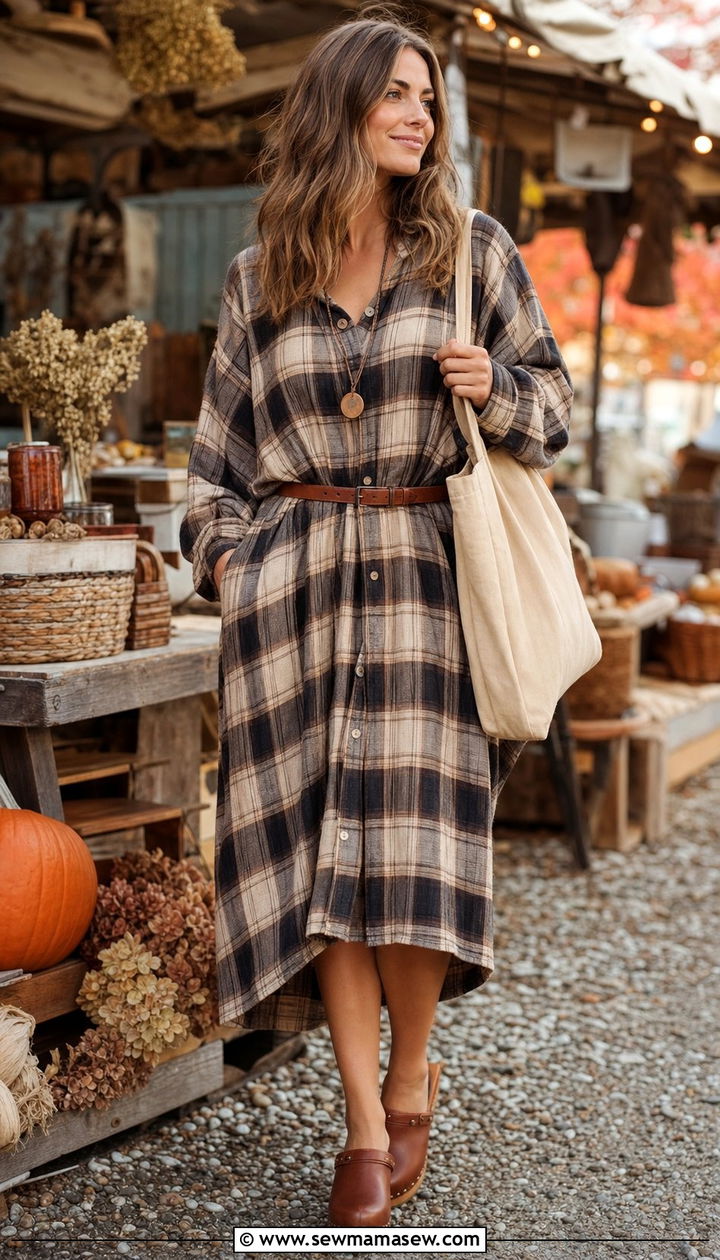 Oversized Flannel Shirt Dress with Clogs and a Canvas Tote - 35 casual boho outfits