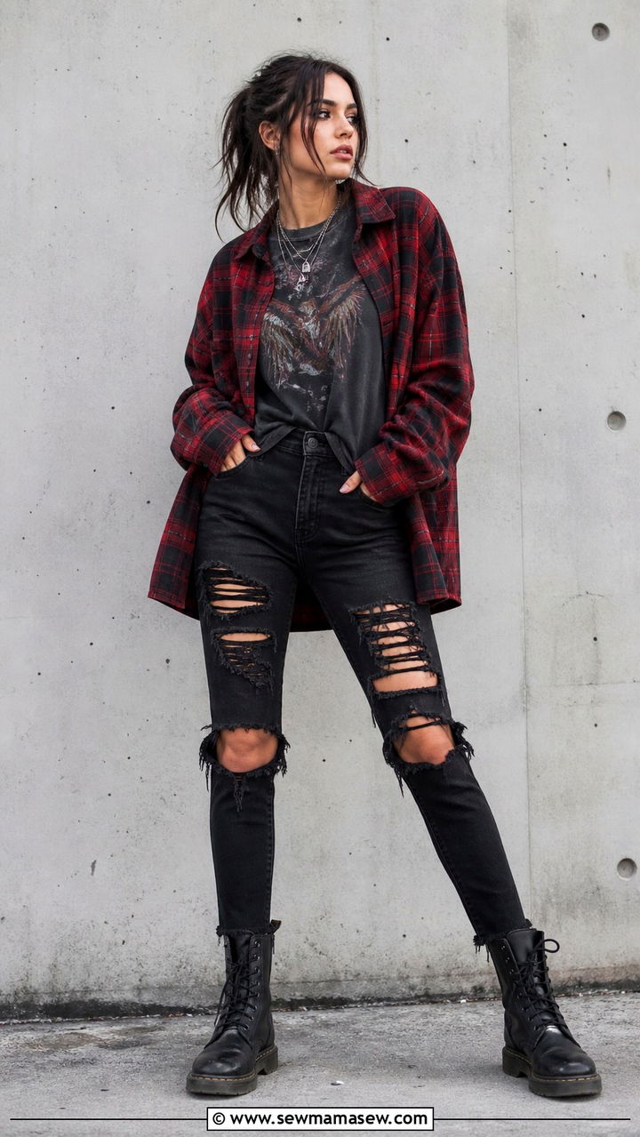 Oversized Flannel Shirt Ripped Black Jeans Combat Boots - 40 Grunge outfit ideas