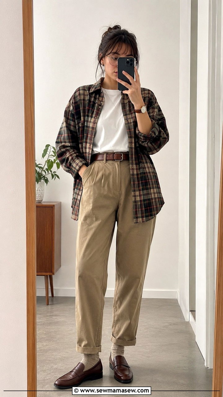 Oversized Flannel Shirt With Khaki Chinos and Leather Loafers - 20 Eclectic grandpa outfit ideas women