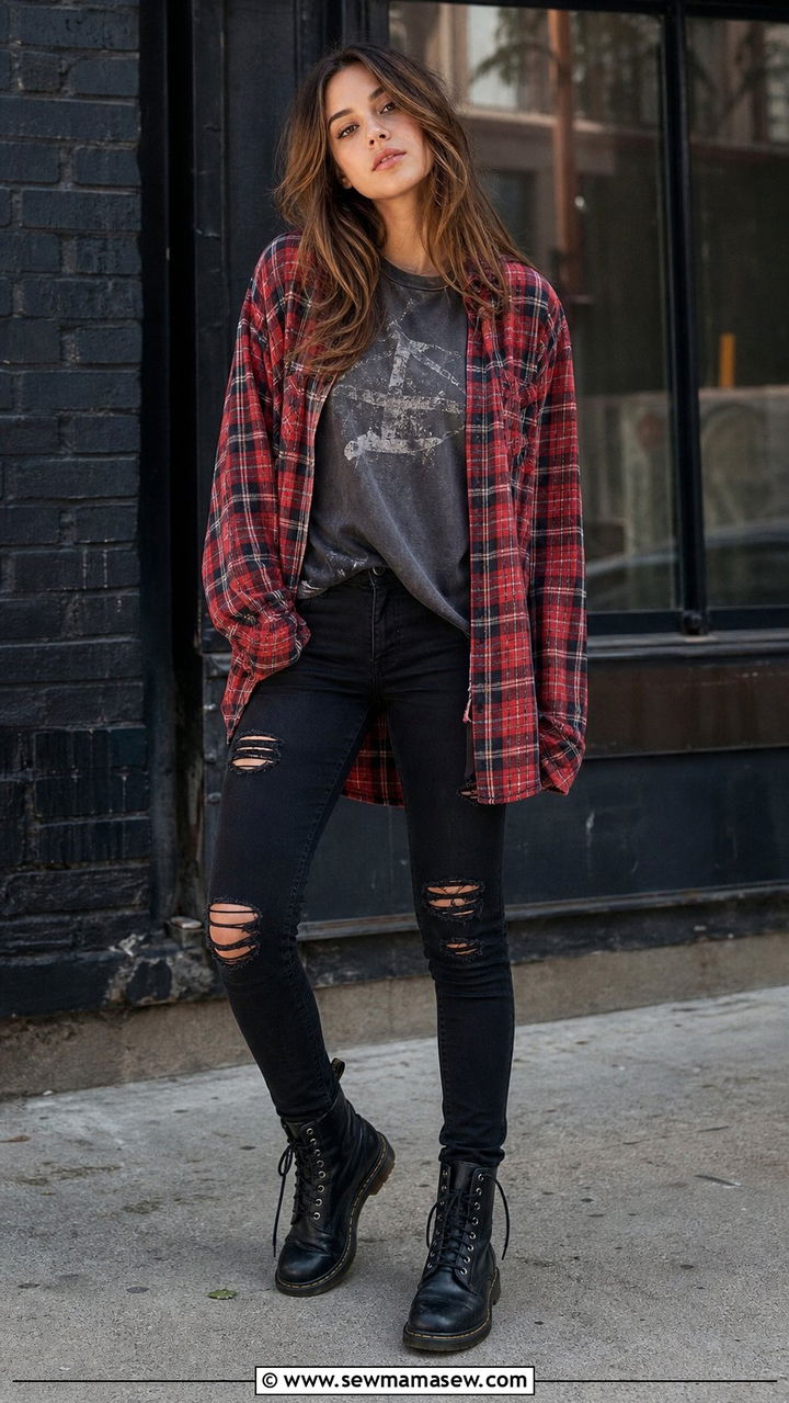 Oversized Flannel Shirt With Ripped Jeans And Combat Boots - 25 cute grunge outfits