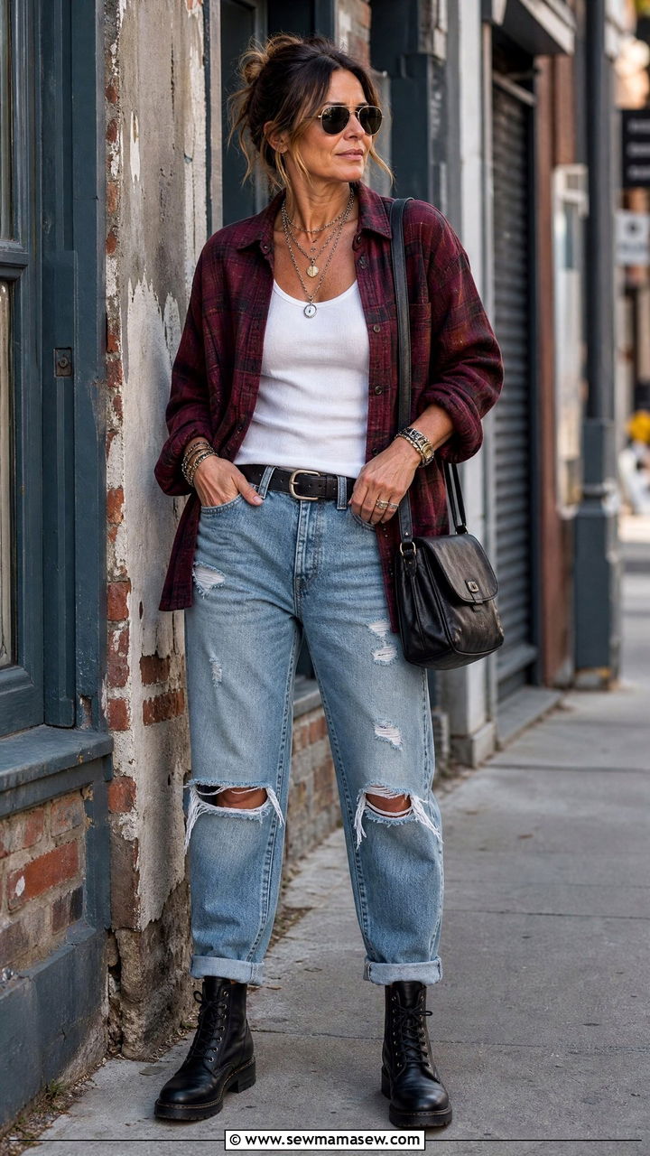 Oversized Flannel Shirt with Ripped Jeans and Combat Boots - 25 grunge outfit ideas for women over 40