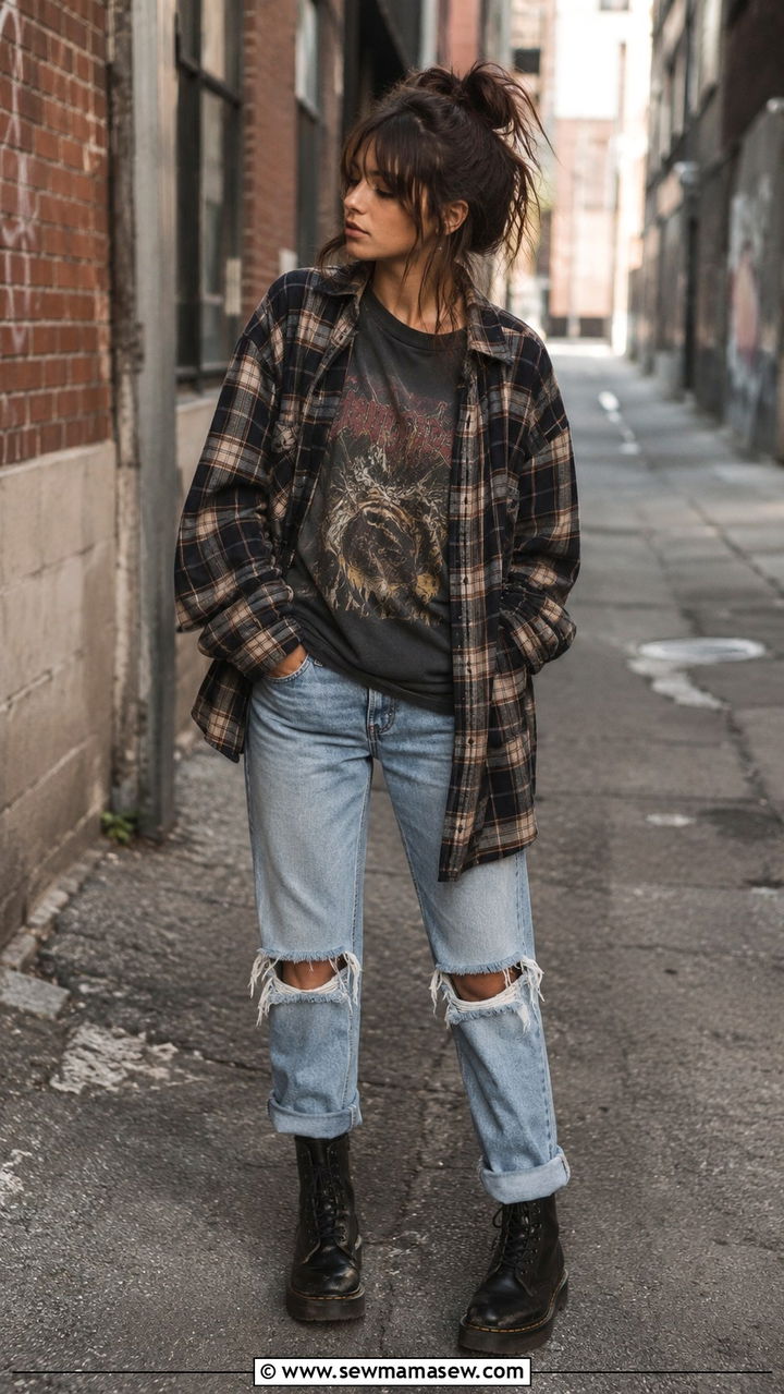 Oversized Flannel With Band Tee And Distressed Denim Outfit - 30 Indie outfit ideas