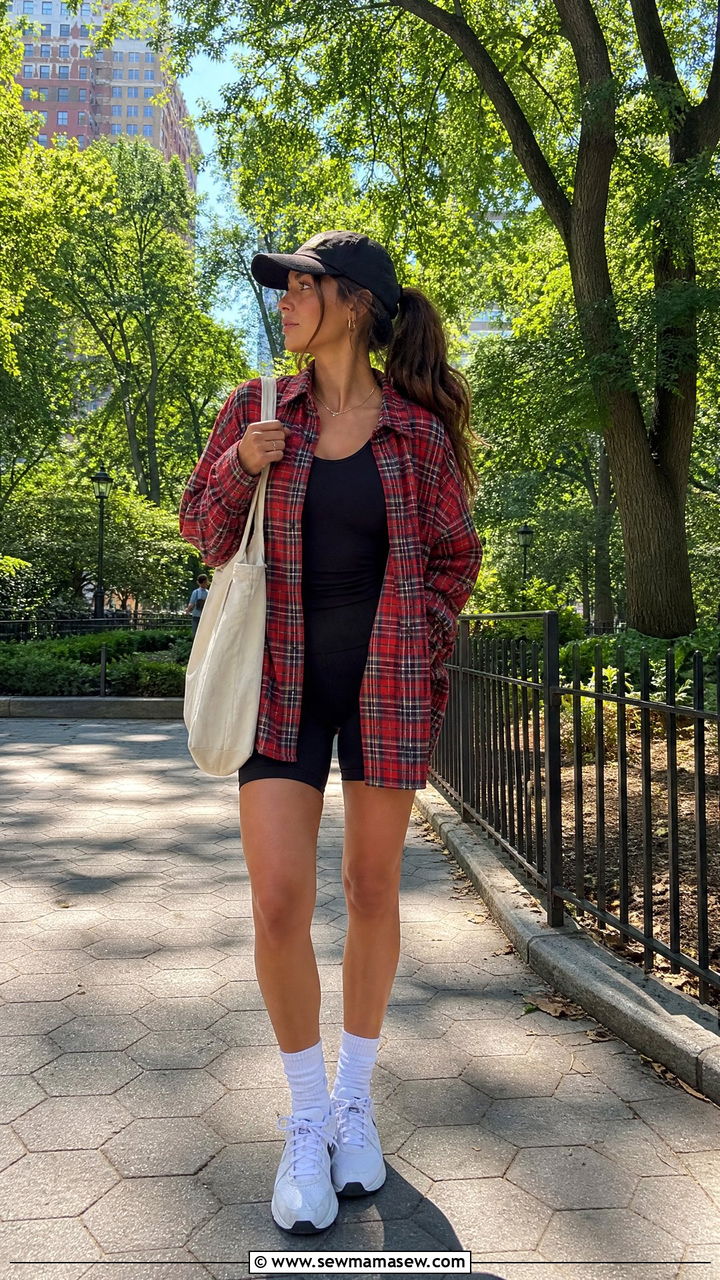 Oversized Flannel With Cycling Shorts - 30 streetwear outfits 2026