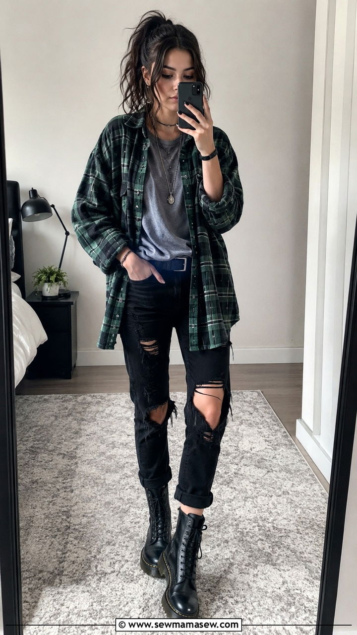Oversized Flannel With Ripped Black Jeans Outfit - 30 Rock and roll outfit ideas