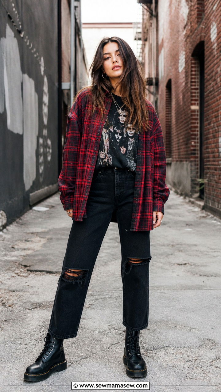 Oversized Flannel With Ripped Jeans And Combat Boots - 40 grunge outfits ideas