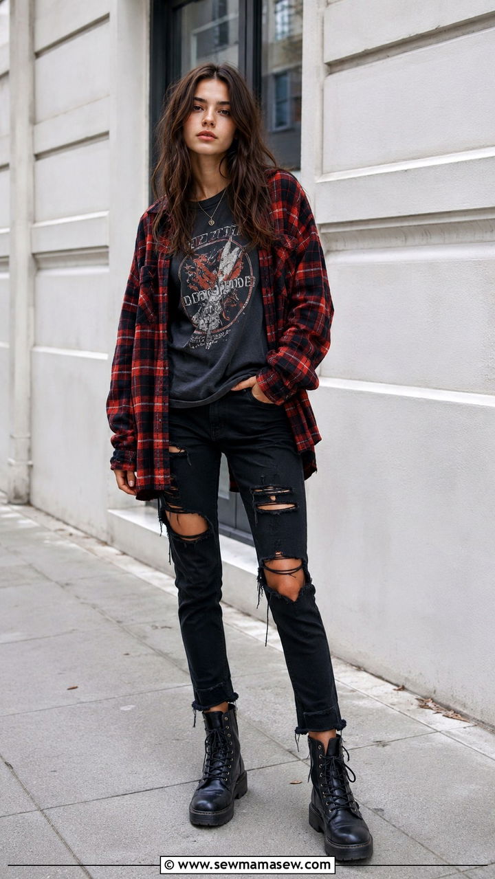 Oversized Flannel With Ripped Jeans and Combat Boots - 30 grunge outfits aesthetic