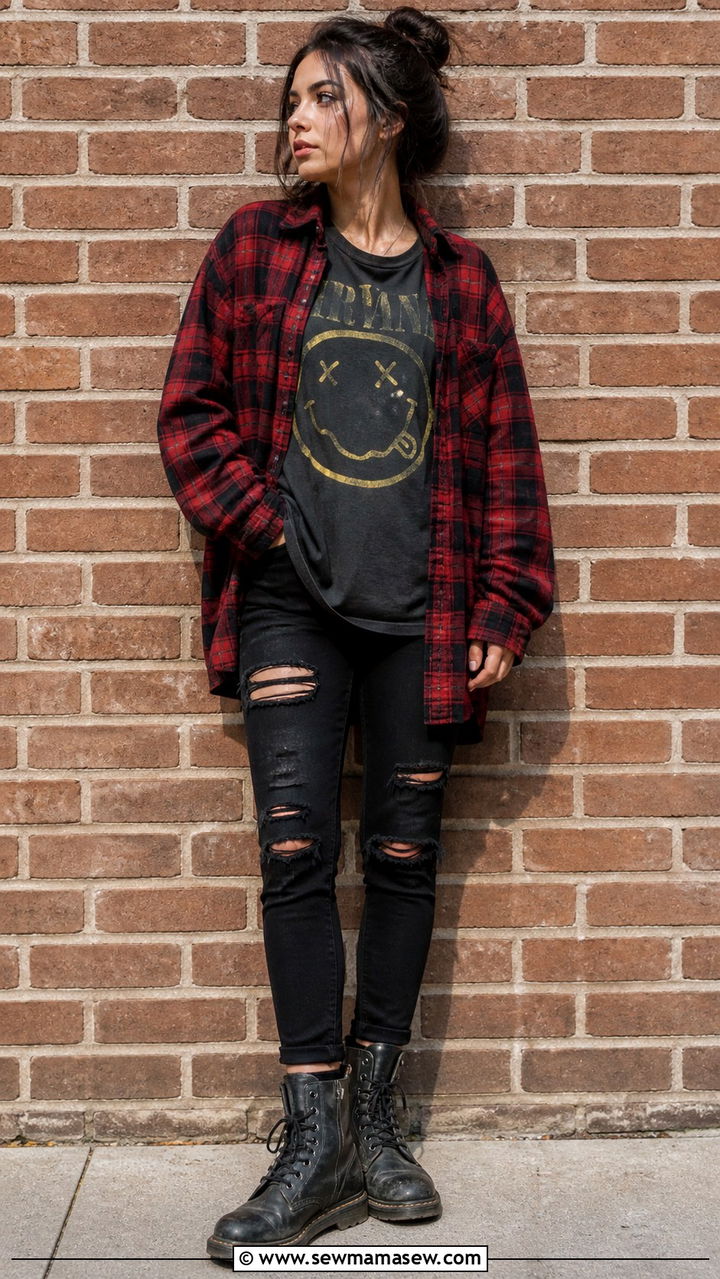 Oversized Flannel and Band Tee Grunge Outfit - 40 grunge outfits for women