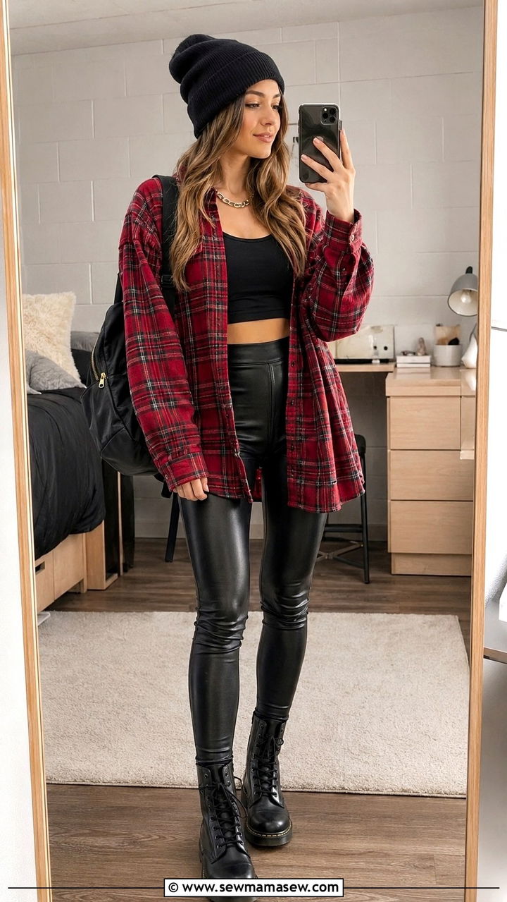Oversized Flannel and Faux Leather Leggings Outfit - 30 Spring outfits for college students