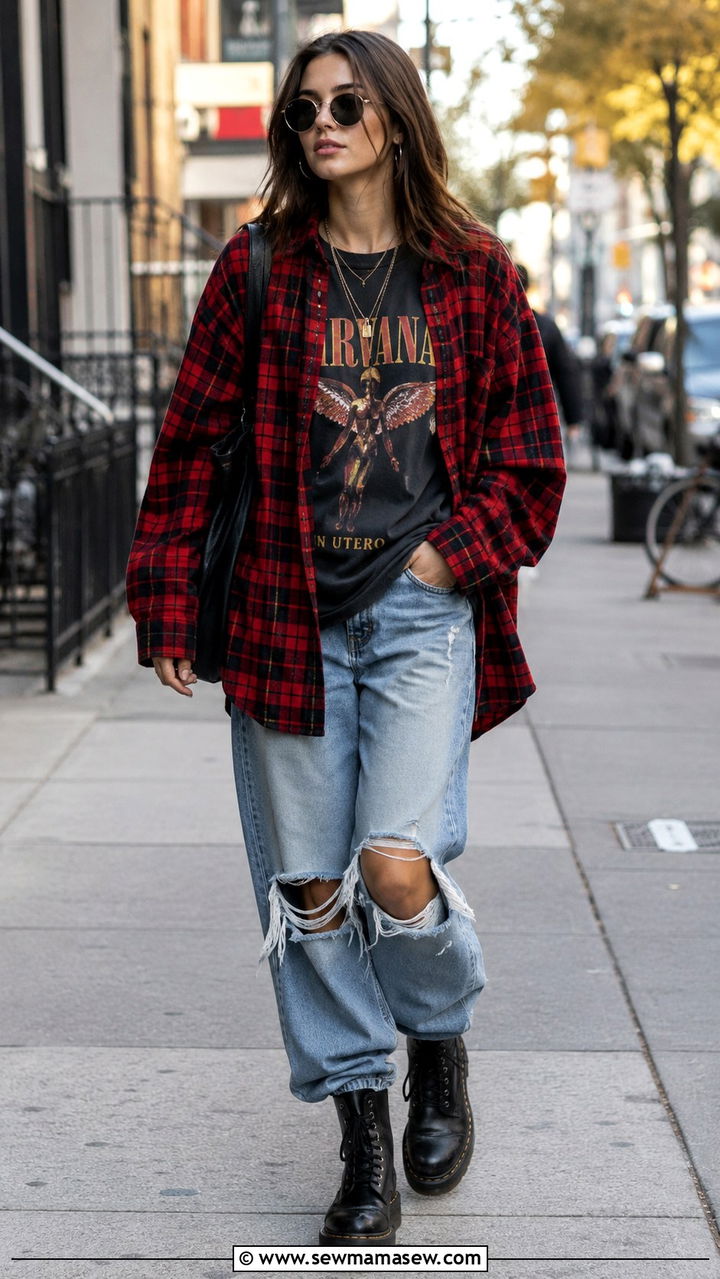 Oversized Flannel and Ripped Baggy Jeans - 30 casual 90s outfits