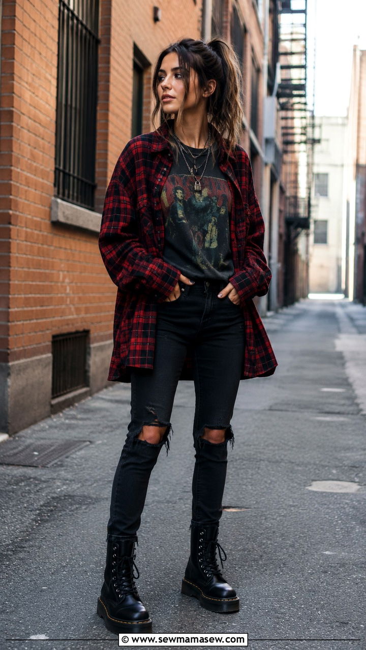 Oversized Flannel and Ripped Black Jeans with Combat Boots - 30 grunge outfits inspo