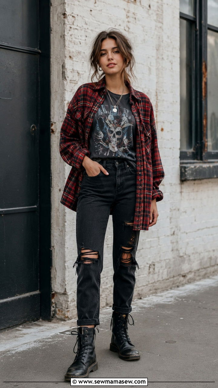 Oversized Flannel with Band Tee and Ripped Jeans - 30 casual grunge outfits