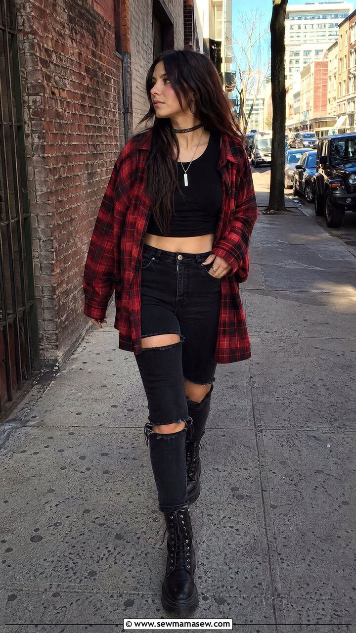 Oversized Flannel with Combat Boots - 35 E-girl outfit ideas