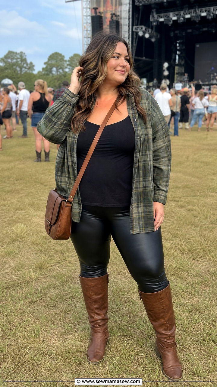 Oversized Flannel with Faux Leather Leggings and Tall Boots - 30 Country concert outfit ideas plus size