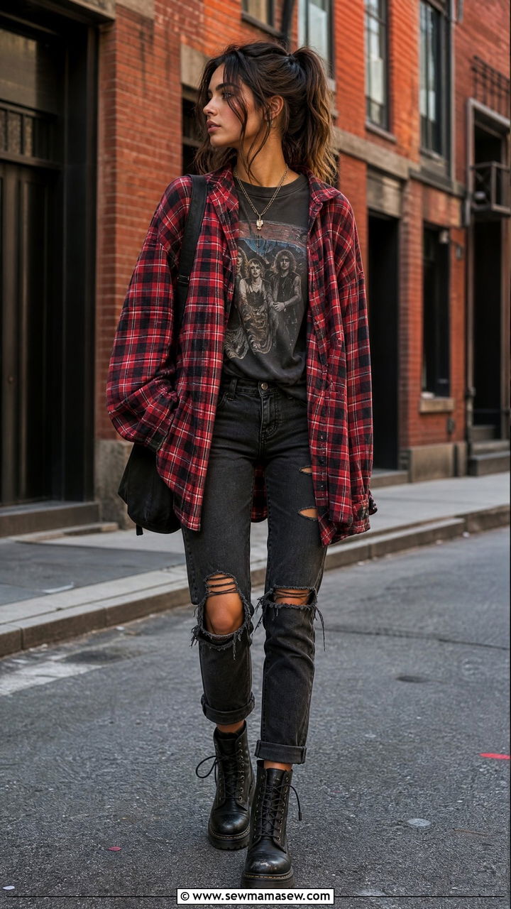 Oversized Flannel with Ripped Jeans and Combat Boots - 35 grunge outfit ideas for women