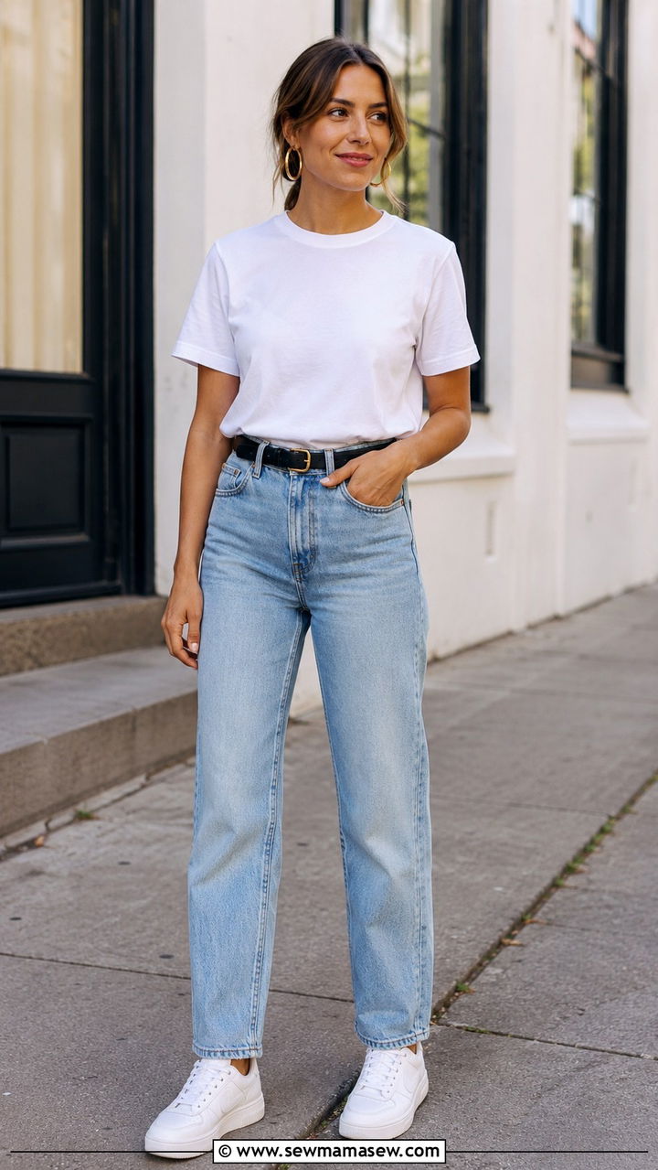 Oversized Gold Hoops With White Tee And High Waisted Jeans - 30 Statement earrings outfit ideas