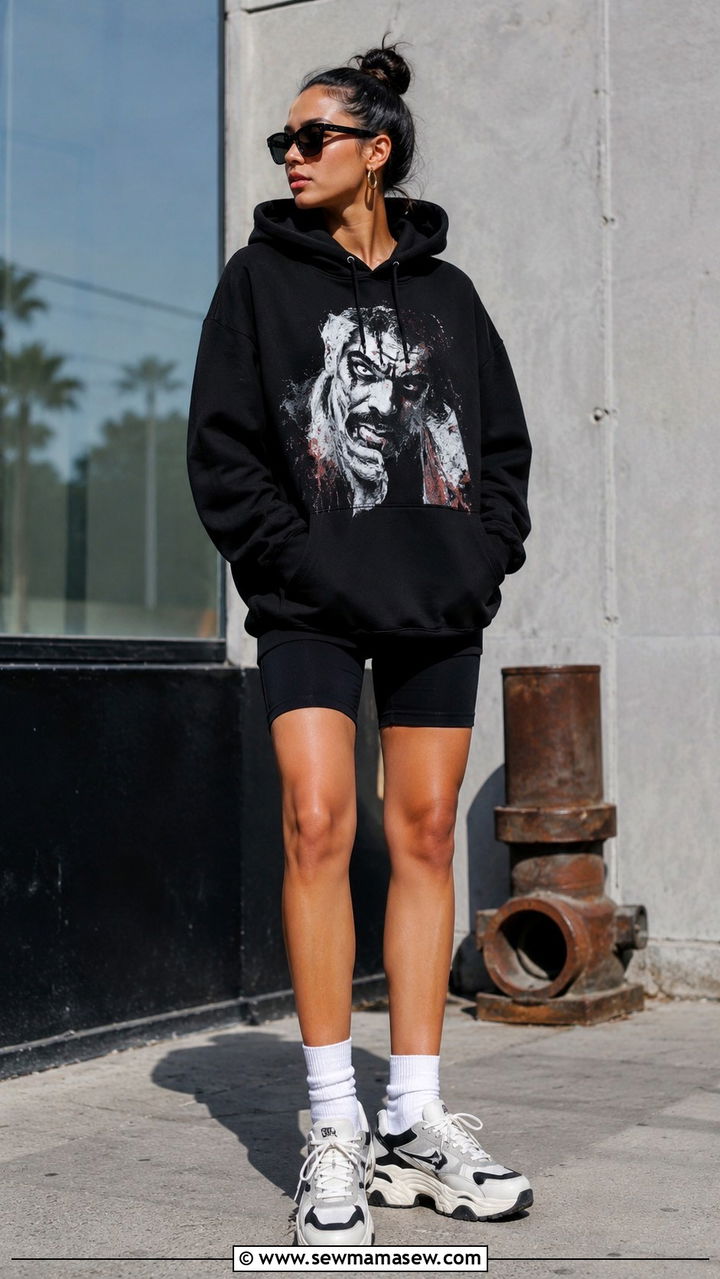Oversized Graphic Hoodie With Biker Shorts - 30 edgy outfits for women