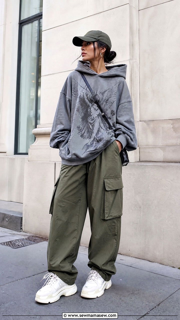 Oversized Graphic Hoodie With Cargo Pants And Chunky Sneakers - 30 streetwear outfits ideas
