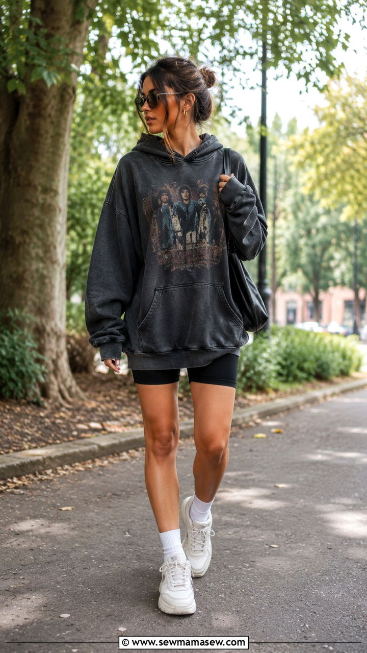 Oversized Graphic Hoodie and Biker Shorts with Chunky Sneakers - 30 grunge outfits inspo