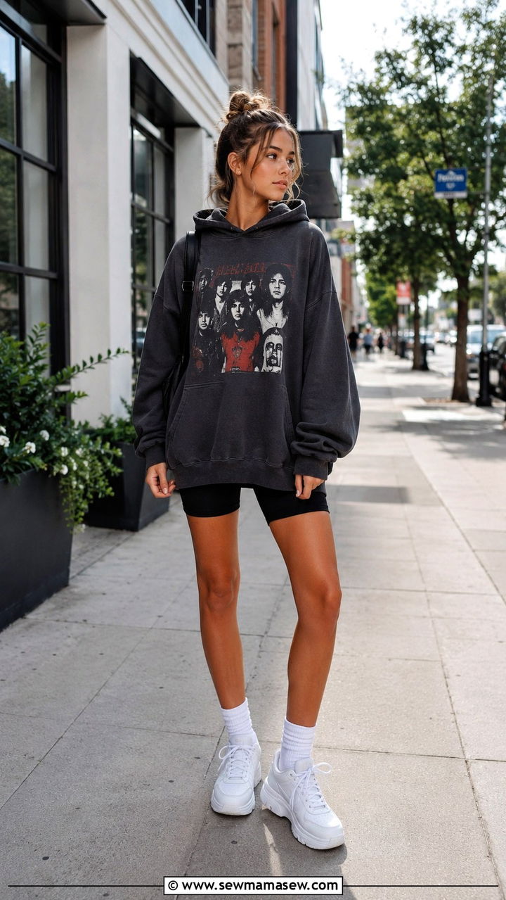 Oversized Graphic Hoodie and Biker Shorts - 30 Trendy outfits for 17 year olds