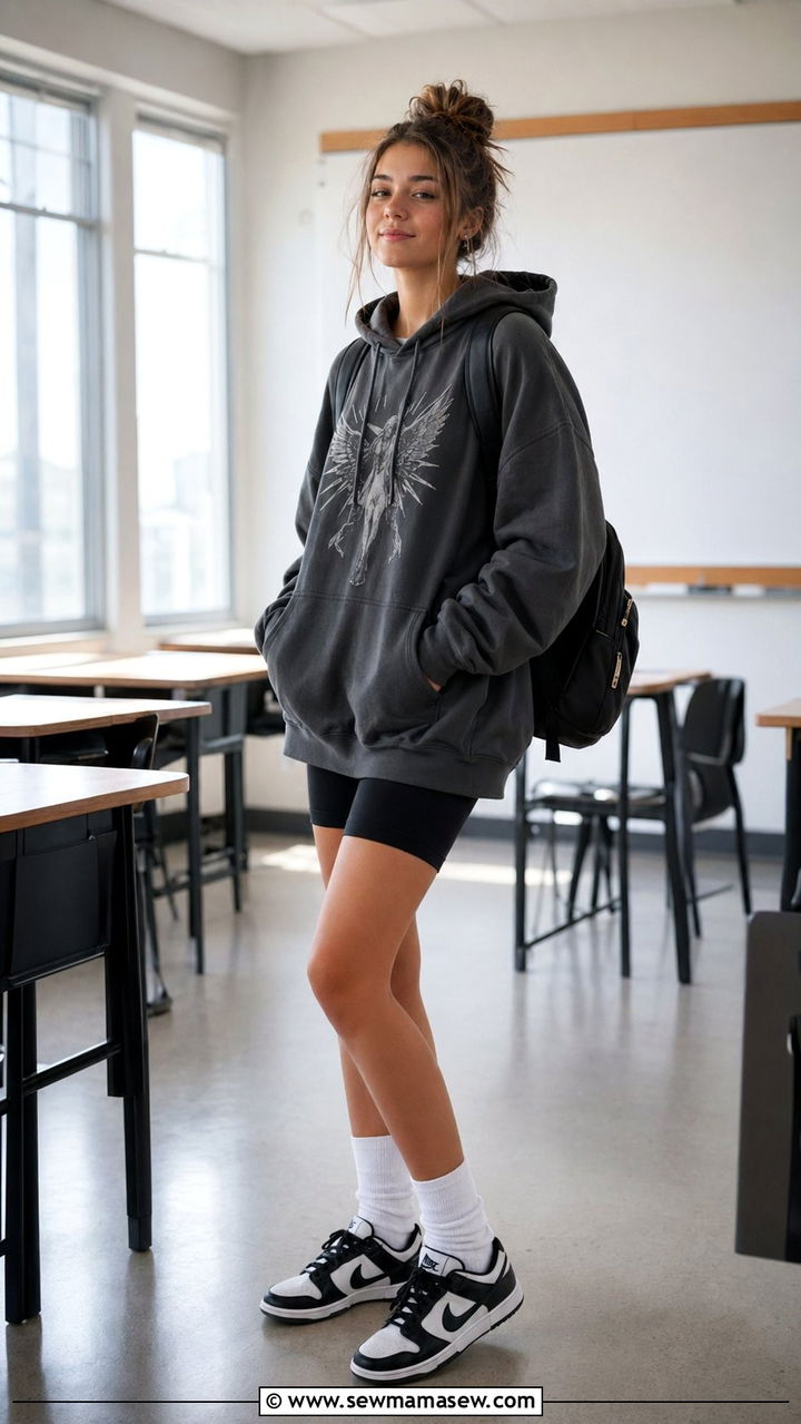 Oversized Graphic Hoodie with Biker Shorts and Crew Socks Outfit - 35 Back to school outfit ideas 10th grade