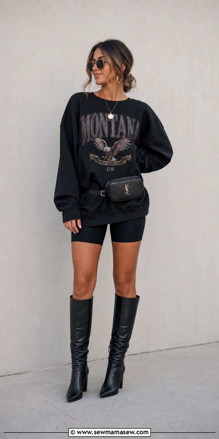 Oversized Graphic Sweater Outfit with Biker Shorts - 25 edgy capsule wardrobe outfits