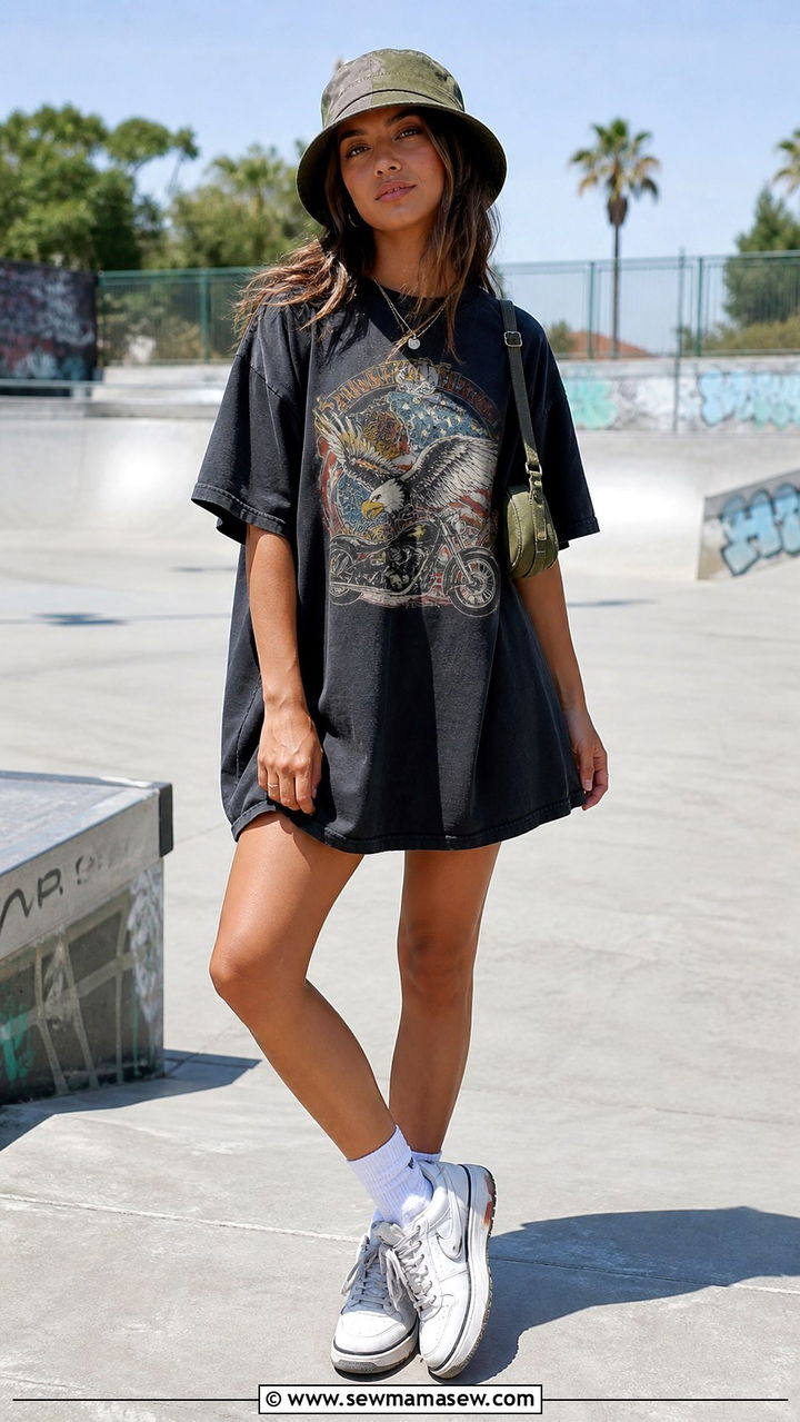 Oversized Graphic T Shirt Dress With A Bucket Hat - 40 summer dress outfit ideas