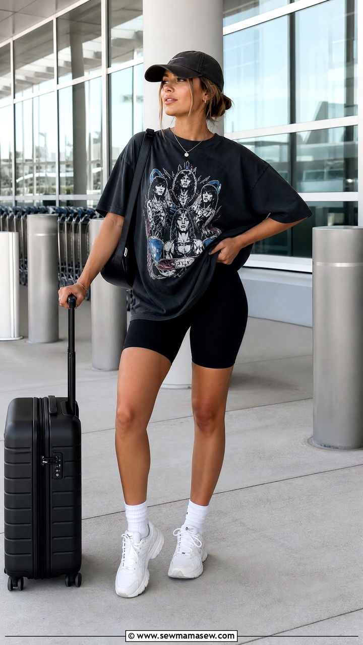 Oversized Graphic T Shirt with Biker Shorts and Chunky Sneakers - 25 chic basic t-shirt outfit ideas