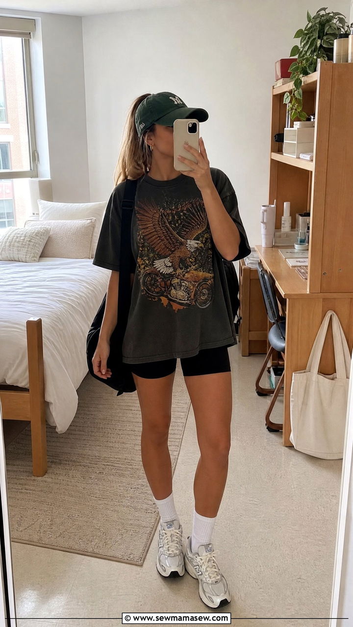 Oversized Graphic Tee And Biker Shorts - 30 summer college outfit ideas