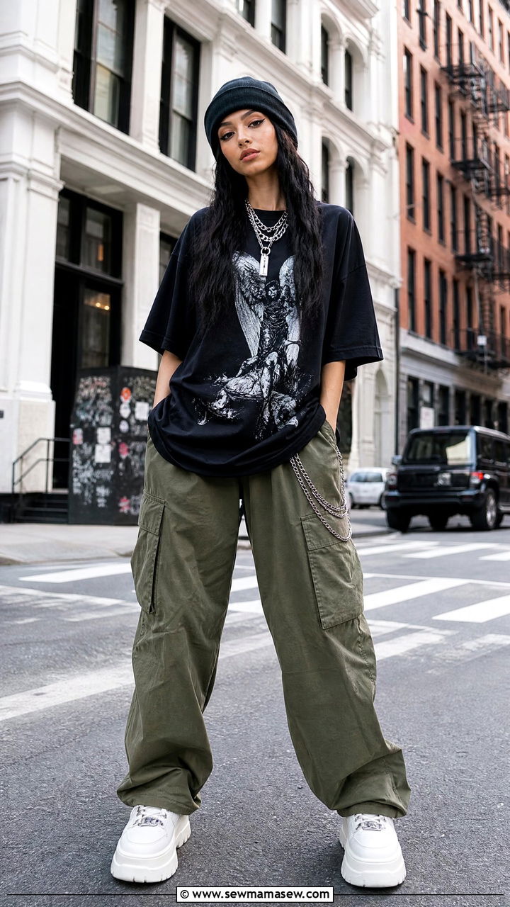 Oversized Graphic Tee With Baggy Cargo Pants - 35 Billie Eilish concert outfit ideas