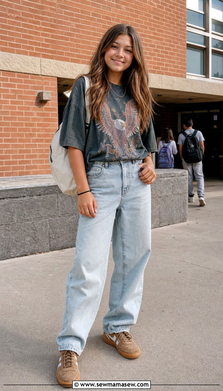 Oversized Graphic Tee With Baggy Jeans and Retro Sneakers - 35 Back to school outfit ideas 8th grade