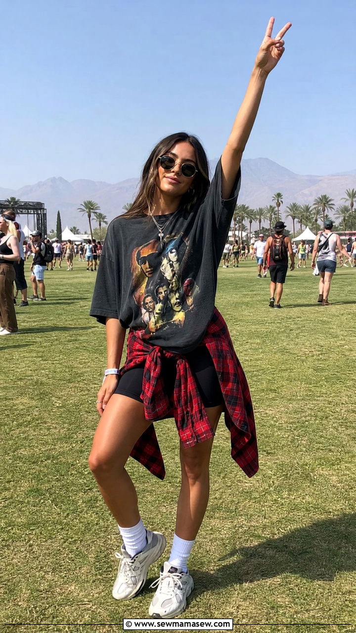 Oversized Graphic Tee With Biker Shorts - 40 festival outfits 2026