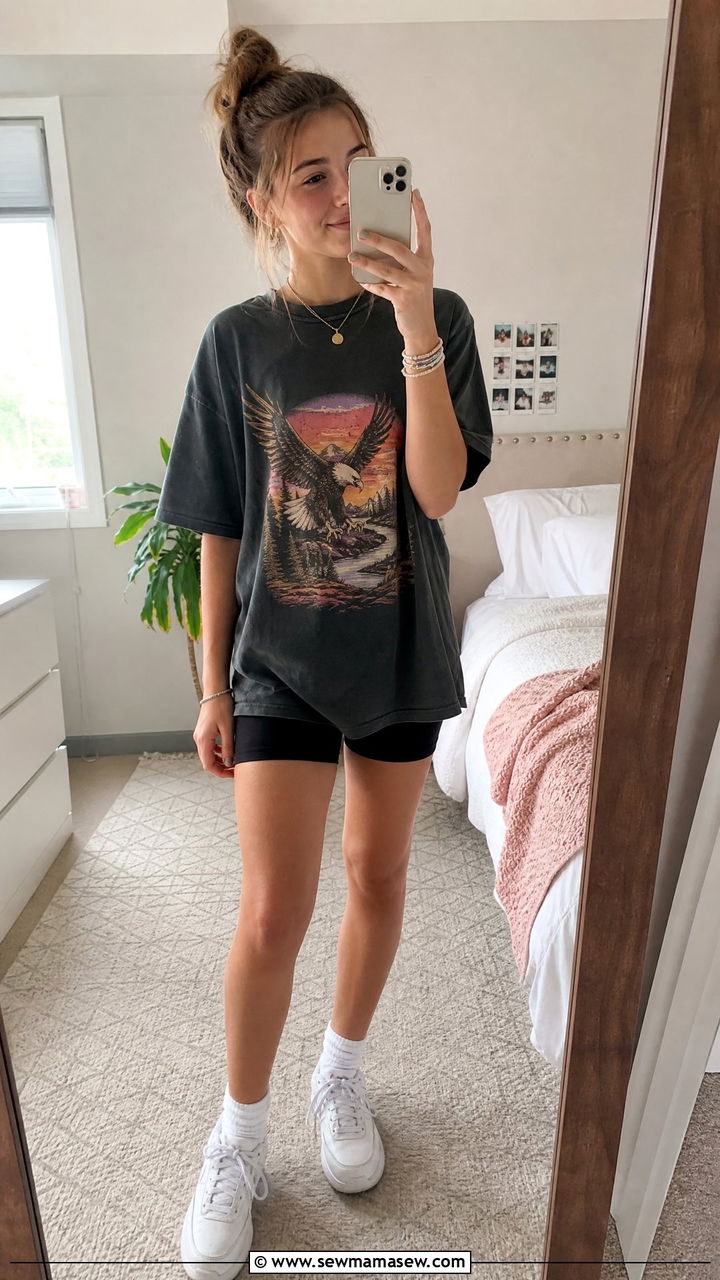 Oversized Graphic Tee With Biker Shorts - 30 Cute outfits for 13 year olds