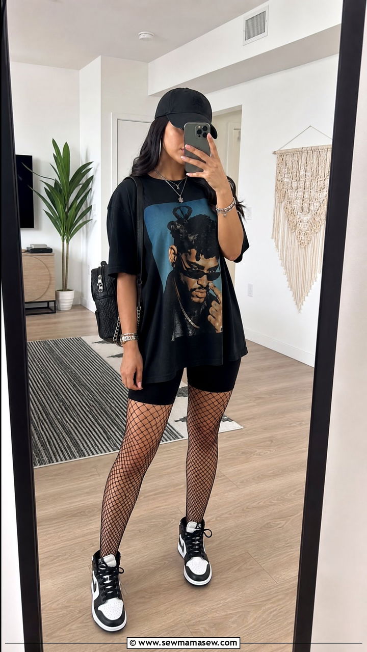 Oversized Graphic Tee With Biker Shorts - 25 Bad Bunny concert outfit ideas