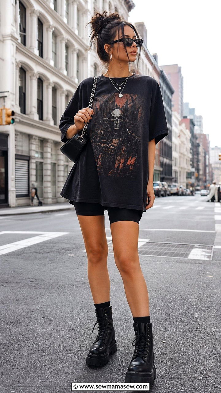 Oversized Graphic Tee With Biker Shorts And Chunky Platform Boots - 25 cute grunge outfits