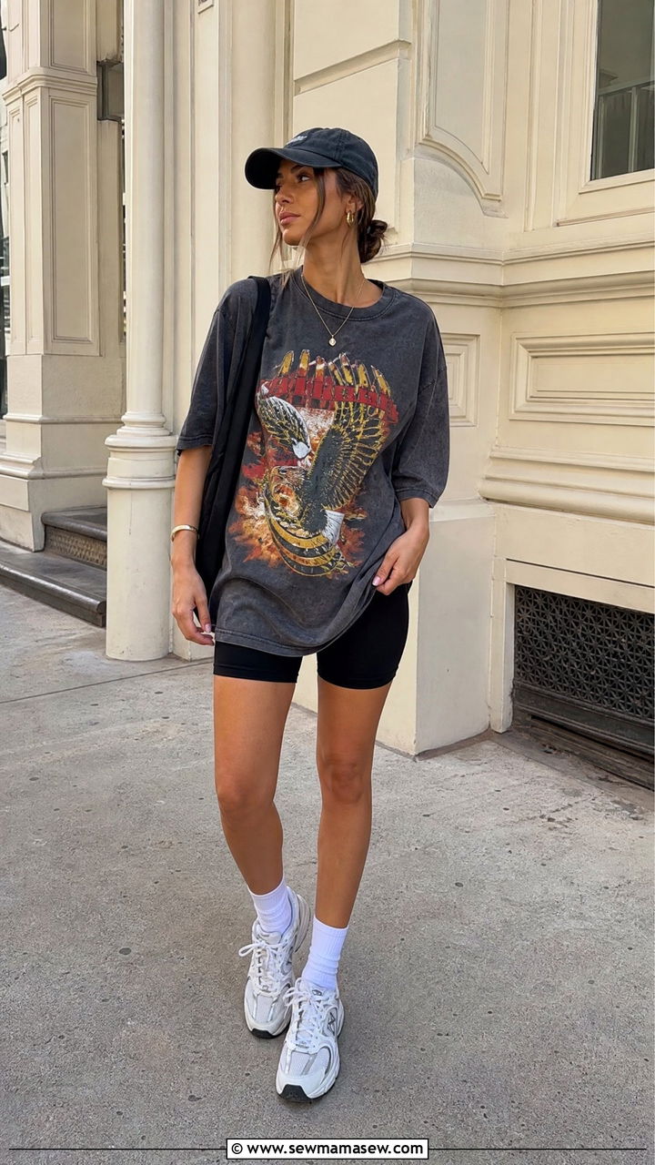 Oversized Graphic Tee With Biker Shorts And Chunky Sneakers - 35 hot weather outfits Pinterest