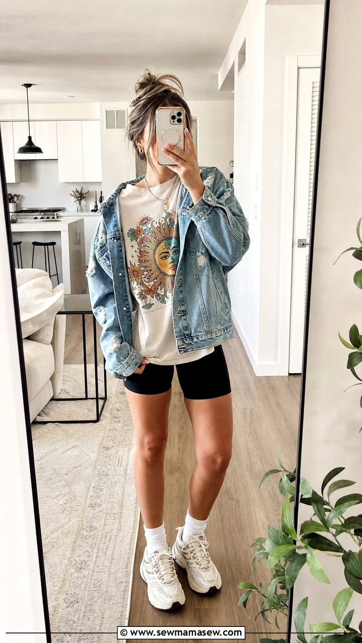 Oversized Graphic Tee With Biker Shorts And Denim Jacket - 35 casual errands outfits