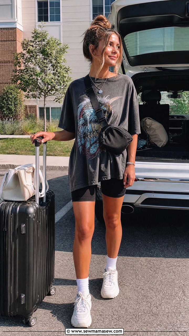 Oversized Graphic Tee With Biker Shorts Outfit - 30 College move in day outfit ideas