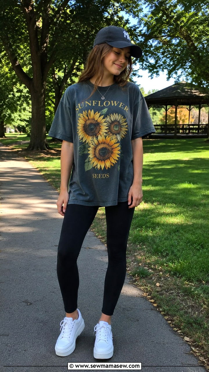 Oversized Graphic Tee With Leggings And Sneakers - 30 Spring outfits for teen girls