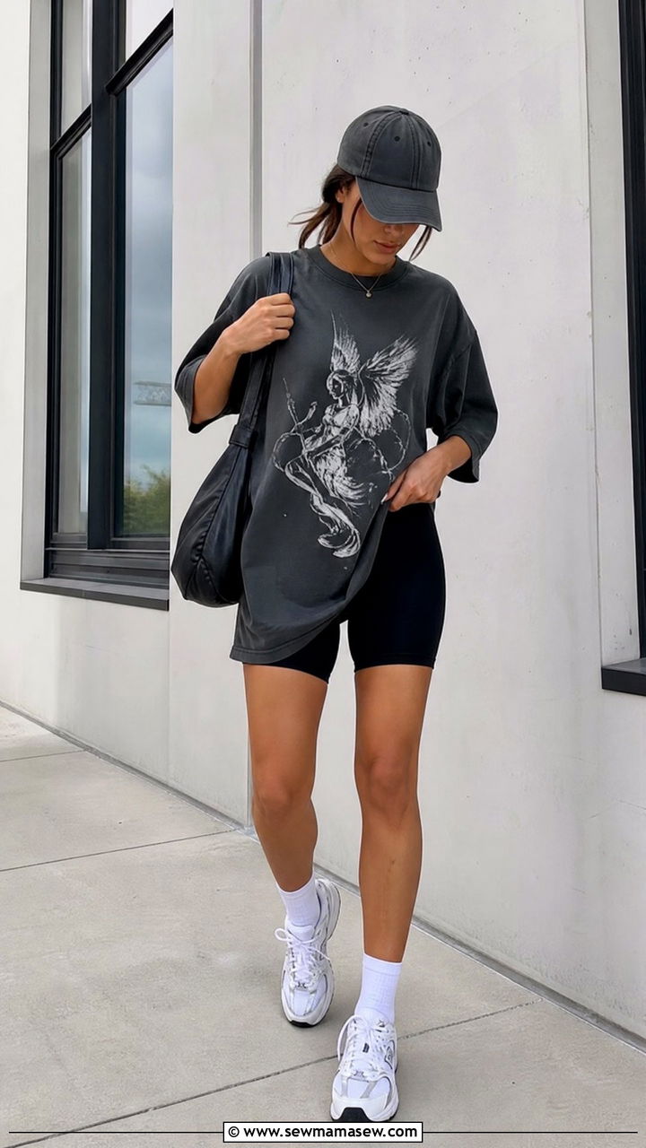 Oversized Graphic Tee With Long Biker Shorts - 30 Modest outfit ideas with oversized shirt