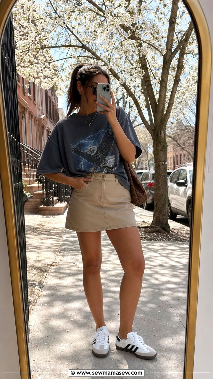 Oversized Graphic Tee With Mini Skirt And White Sambas - 25 spring outfits with adidas sambas