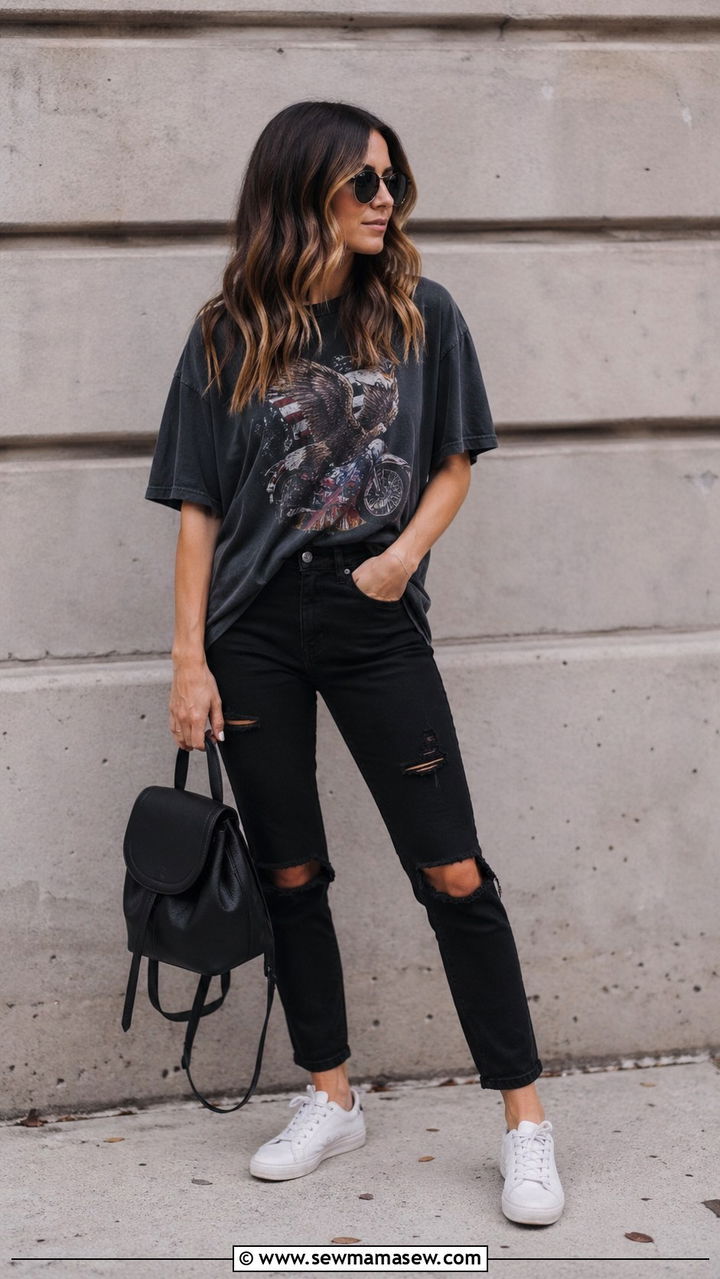 Oversized Graphic Tee With Ripped Black Jeans - 40 casual black jeans outfits