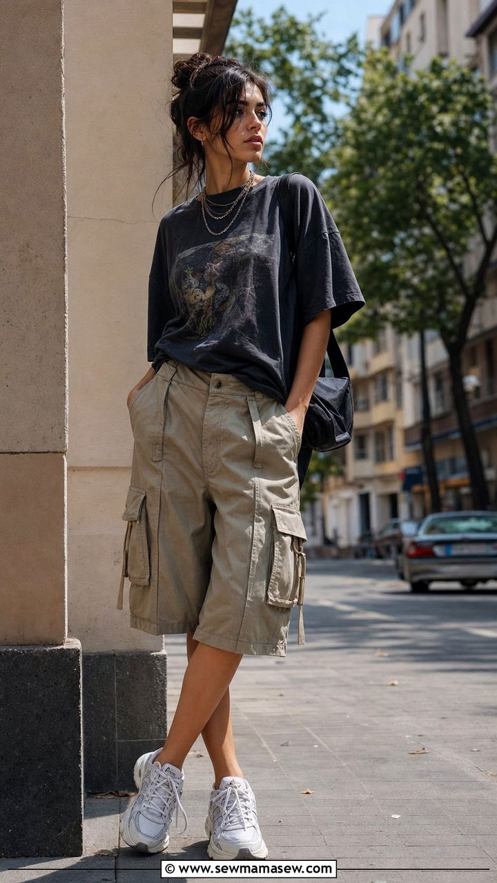 Oversized Graphic Tee and Baggy Cargo Bermuda Shorts - 25 summer bermuda shorts outfit ideas